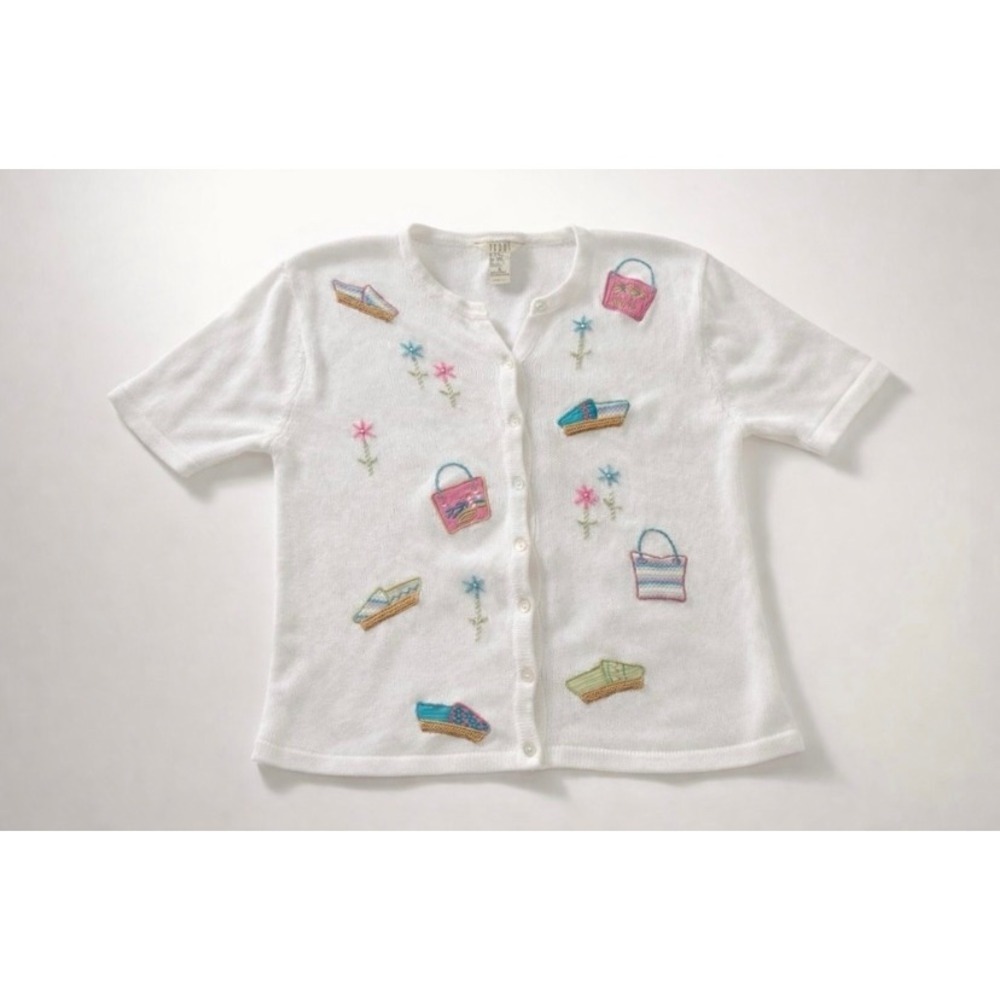 Vintage Embroidered Beach Cardigan Sweater summer resortcore cottage 90's -S